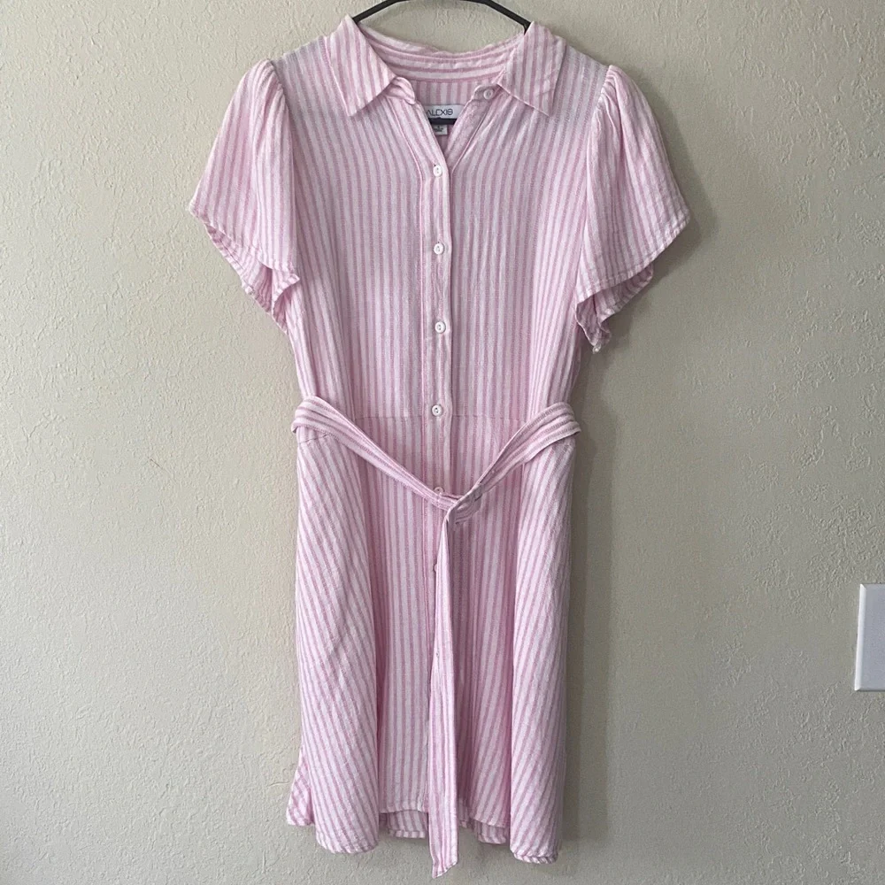 Alexis Pink and White Striped Button Mini Dress - Picture 4 of 14